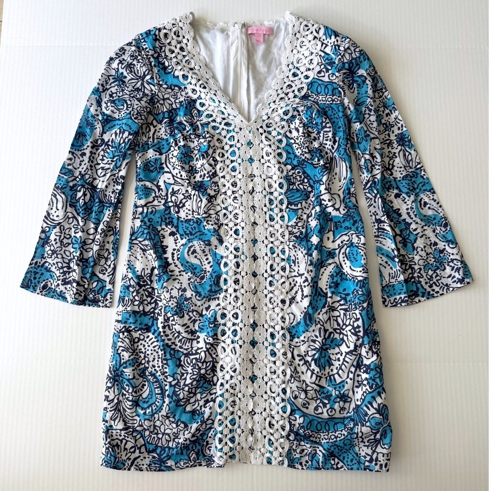 Lilly Pulitzer Blue Paisley Shift Dress Womens XS Crochet Lace Bell Sleeve 93244